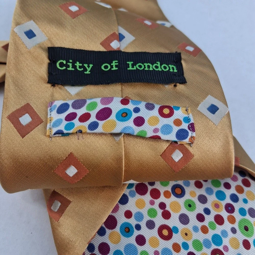City of London Tie Mens OS Gold Geometric Squares Silk Polka Dot Lining Classic